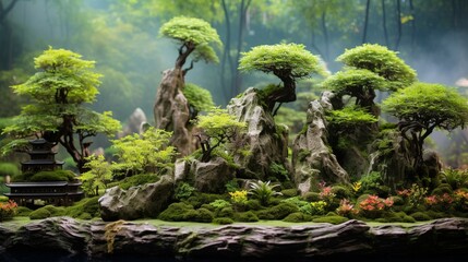 A panoramic shot of a Jasmine Bonsai forest, showcasing the diversity of sizes and shapes among the...