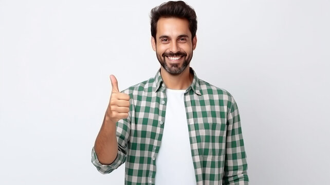 portrait of happy young man wearing back shirt with beard doing thumbs up on isolated white background
