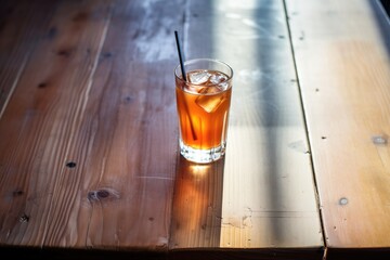 backlit iced tea glass casting a long shadow on wood
