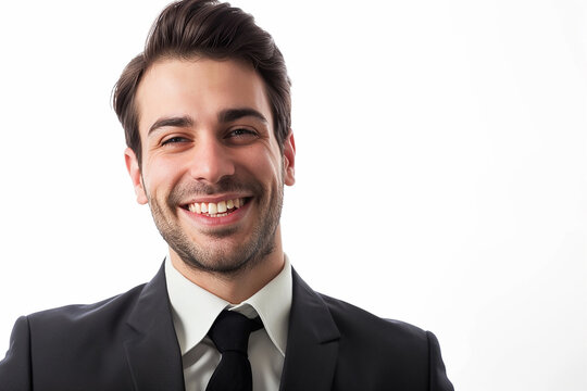 closeup of happy young businessman in black suit on isolated white background