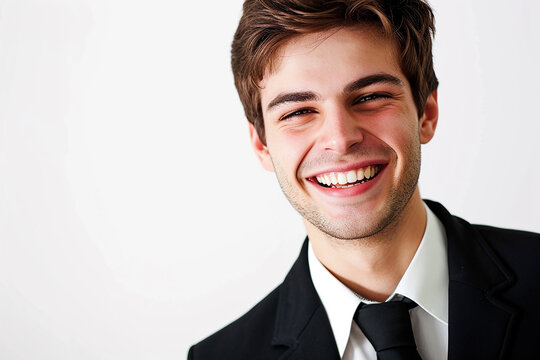 closeup of happy young businessman in black suit on isolated white background