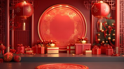 Chinese Traditional Red stage with Lantern Decoration Frame and Border and Background