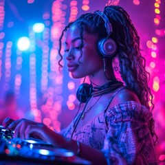 Young Afro-American DJ woman in night club