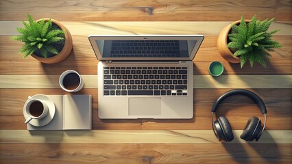 Generative AI: Top view of a desk with open laptop and headphones mockup