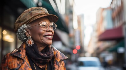 Obraz premium Chinatown Chronicles: Joyful Moments on Urban Streets. Joyful African American woman experiencing the vibrancy of Chinatown.