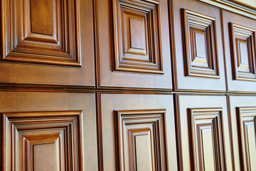 Luxurious Mahogany Wood Panels with Geometric Design, Eye-Level View