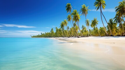 beautiful beach and tropical sea with green coconut trees, clear blue sky