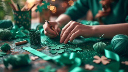 Hands crafting DIY St. Patrick Day decorations with green glitter and paper shamrocks. AI Generated