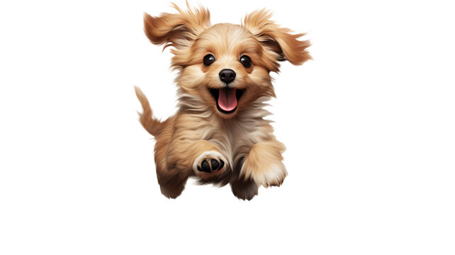 Realistic picture of a cute happy dog. Jumping on white background