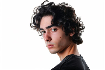 portrait of attractive boy wearing black shirt on white isolated background