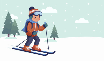 Young man at winter sport skiing. Colorful cartoon character man skier. Poster with smiling happy man on winter weekend. Picture card with ski activity on snowy blue background. Vector illustration