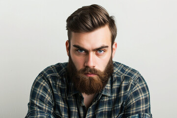 Obraz premium closeup of serious man with beard on white isolated background