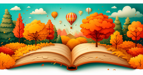 Close-up illustration of an open Pop-up style book coming to life. International book day concept