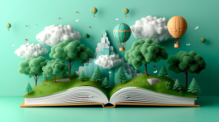 Close-up illustration of an open Pop-up style book coming to life. International book day concept