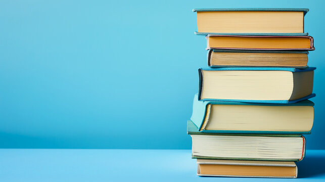 Stack of books close-up on minimalist background with copy space. International book day concept