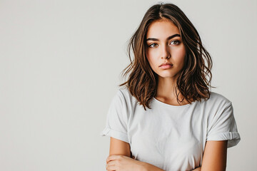 Obraz premium portrait of attractive serious woman with white t shirt on white isolated background