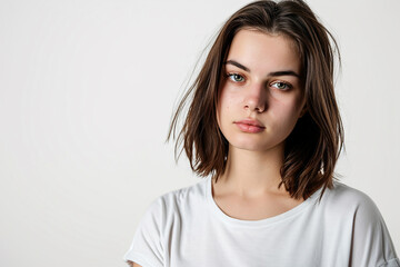 Fototapeta premium portrait of attractive serious woman with white t shirt on white isolated background