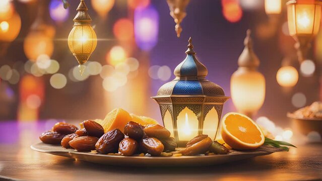 Sparkling Arabic lantern lights, dates and delicious Arabic food on a bokeh and blurred background. Ramadan and Eid al-Fitr background. Islamic design.