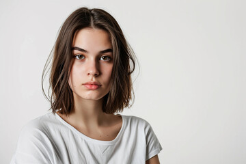 Fototapeta premium portrait of attractive serious woman with white t shirt on white isolated background
