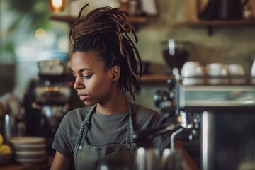 Afro-American woman barista working in caffe