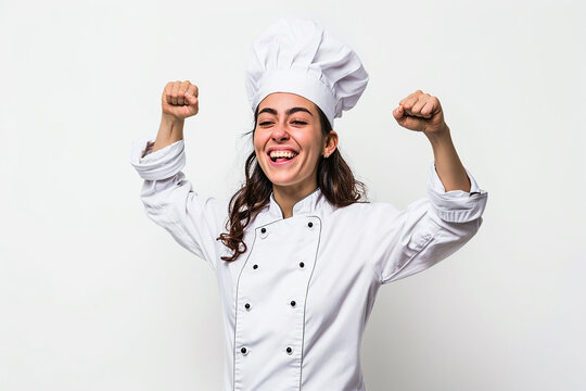 Young Brazilian chef woman celebrating a victory in winner position on white isolated background