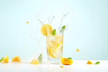 refreshing lemonade splash with lemons and ice cubes flying