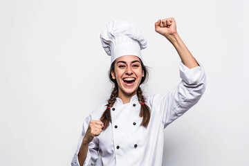 Young Brazilian chef woman celebrating a victory in winner position on white isolated background