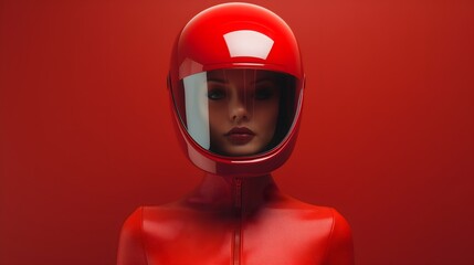 Woman wearing a red helmet isolated on red background