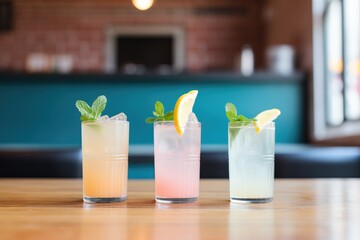 three lemonade variants: classic, pink, and mint in separate glasses - obrazy, fototapety, plakaty