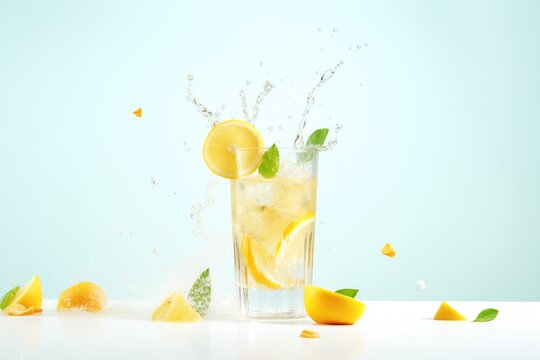 refreshing lemonade splash with lemons and ice cubes flying