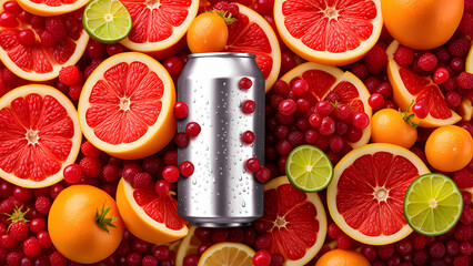 mockup of a metal soda can on a background of juicy fruit. background of oranges and grapefruits. generated by AI