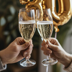 Two hands holding glasses of champagne with golden balloons in the background number 30