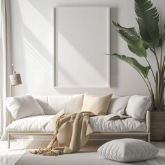 Cozy White Interior Mockup: Poster Frame and Decor Accessories in Hampton Style Living Room