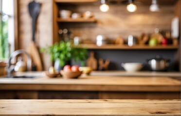 Obraz na płótnie Canvas Kitchen wooden table top and kitchen blur background