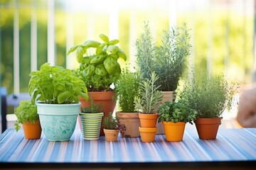 a variety of potted herbs on a sunny table