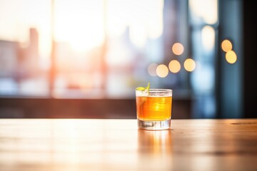 manhattan cocktail on bar with blurred city backdrop