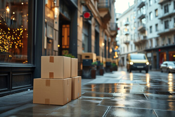 A concept of online shopping delivery, cardboard boxes placed on the wet pavement waiting for the recipient, in background yellow delivery van is visible, indicating recent drop-off of these packages
