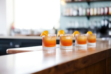 row of manhattans on bar with orange twist garnishes