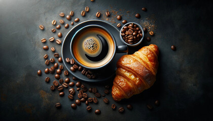 cup of coffee with beans and a croissant, generative