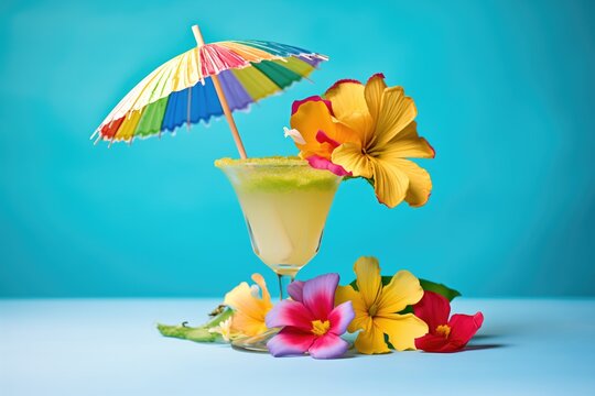 margarita cocktail with a tropical flower and umbrella garnish