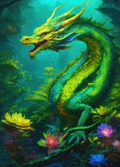 A Majestic Dragon Amidst Blossoming Underwater Flora, Digital Art