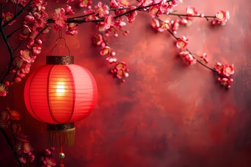 Fototapeta premium Traditional Chinese style red lantern and Chinese plum flowers on red background for Chinese new year greeting card