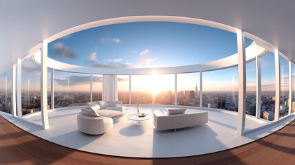 360 degree room with panoramic windows all around the walls with a view of the outside world
