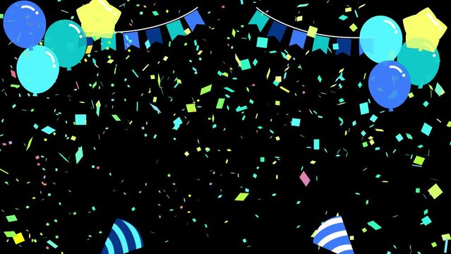 背景透過アルファチャンネル　クラッカーとバルーンとガーランドでお祝いする水色の爽やかなパーティー動画