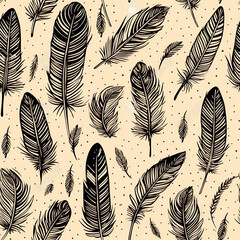 Black and Beige Feathers Seamless Pattern