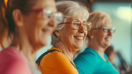 Happy older women in group fitness classes on treadmills, in sports sections, active classes for mind and body, fitness grannies. - obrazy, fototapety, plakaty