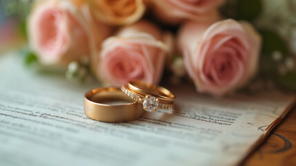 wedding rings on a bouquet of roses and love letter