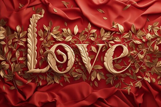 Fototapeta Inscriptions of the word love on a red background, decorative romantic illustration