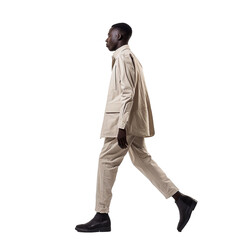 casual modern man walking, side view isolated on transparent background