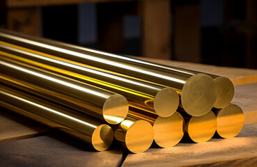 A collection of brass rods CuZn39Pb3, meticulously arranged in parallel on a wooden surface. The round bars gleam under the soft lighting, highlighting their smooth texture and cylindrical shape